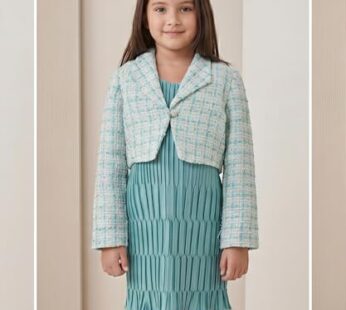 Cutecumber Girls’ Teal Pleated Party Dress and Tweed Bolero Jacket 2-Piece Set – Elegant Textured Occasion Outfit with Sparkling Crystal Button